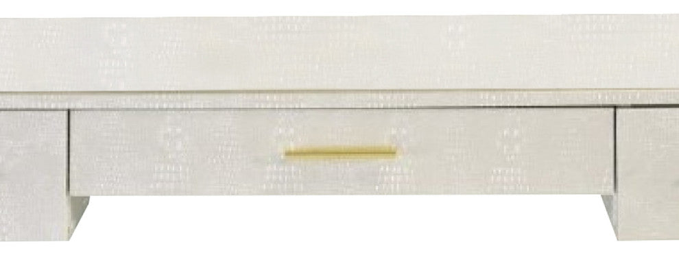 Benzara BM274660 Textured Vanity Desk With Round Mirror, Gold Sled Base, White