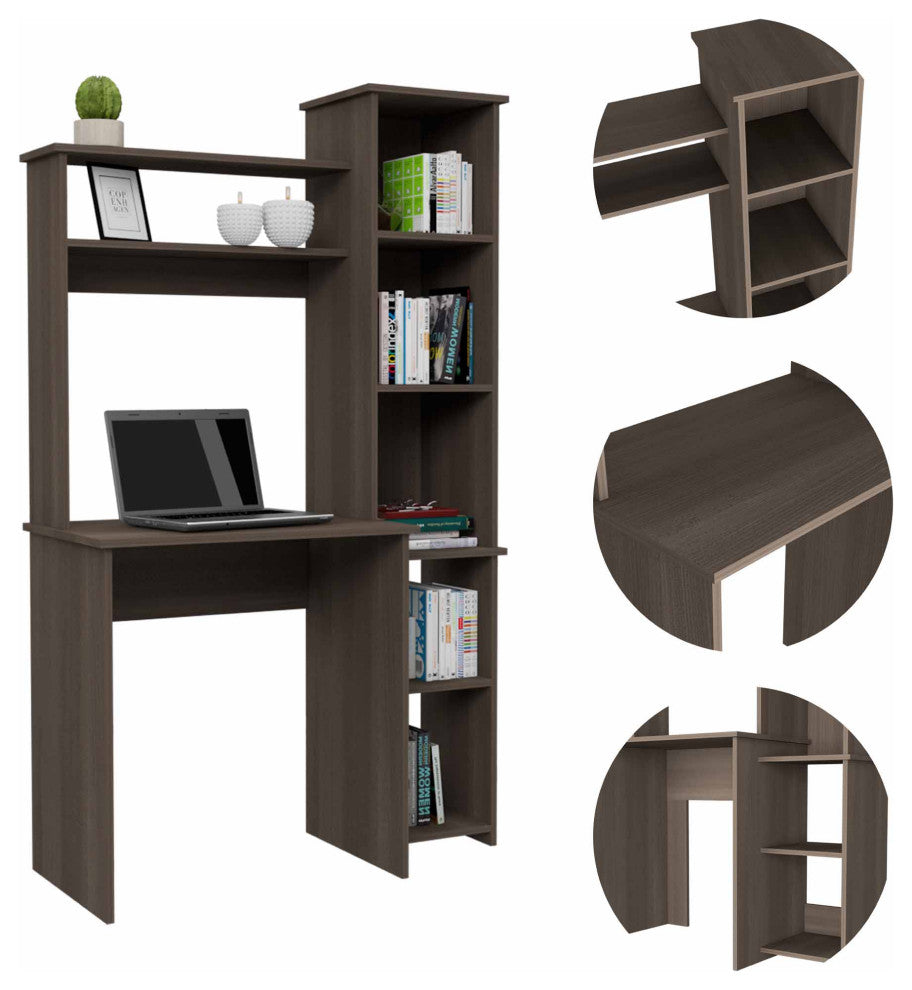 TATEUS 6-Shelf Home Office Writing Desk with Built-in Bookcase, Smokey Oak