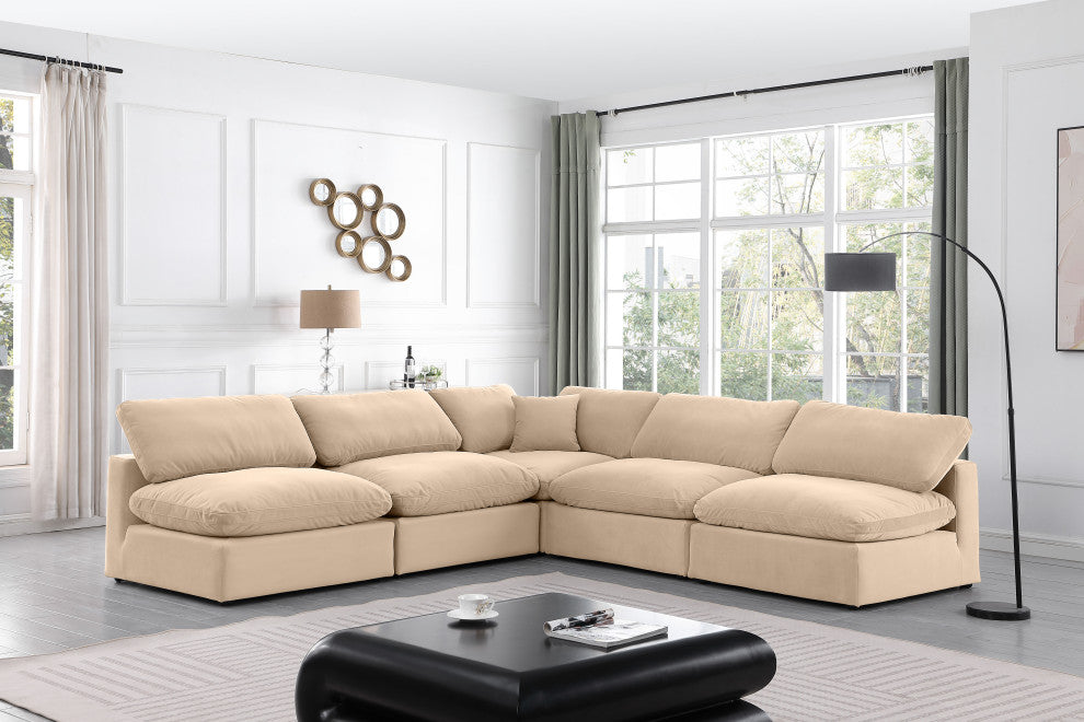 Comfy Upholstered L-Shaped Modular Sectional, Beige, 5-Piece: 4 Armless Chair, 1 Corner Chair, Velvet