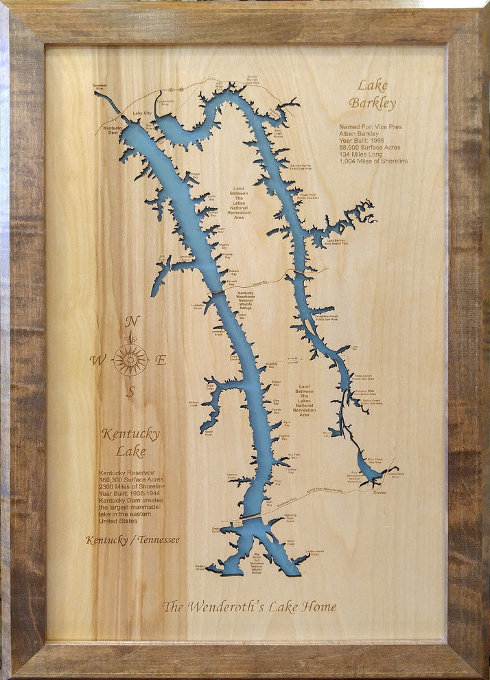 Lake Barkley, Kentucky, Kentucky Lake, Tennessee-Wood Lake Map, Medium Framed