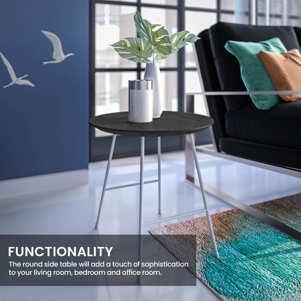 LeisureMod Rossmore Modern Round Side Table With White Steel Frame, Black