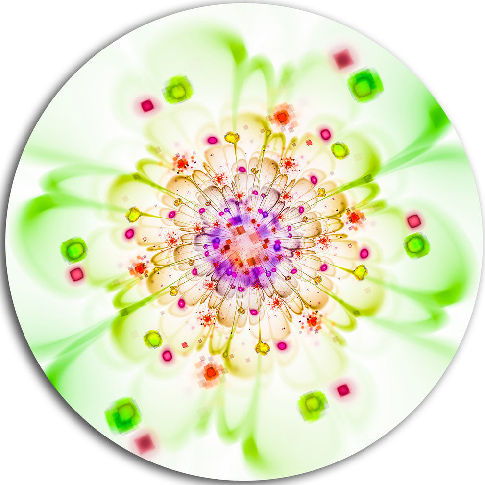 Perfect Glowing Fractal Flower In Green, Floral Disc Metal Artwork, 23"