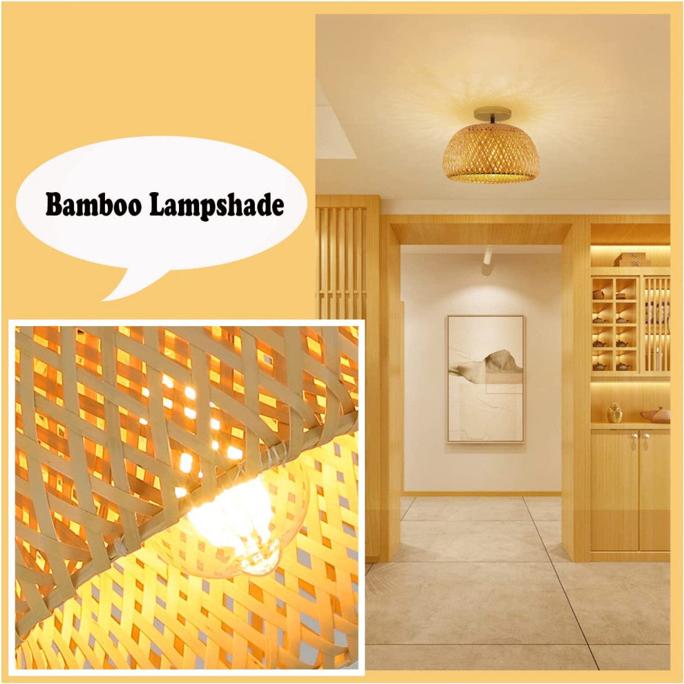 Bamboo Semi Flush Mount Ceiling Lamp, Boho Ceiling Light Fixture