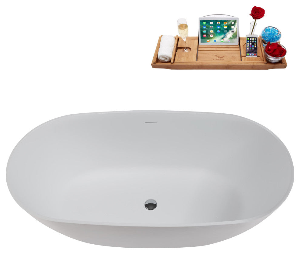 59" Streamline NS5860CH Matte White Stone Resin Bathtub, Tray With Chrome Drain