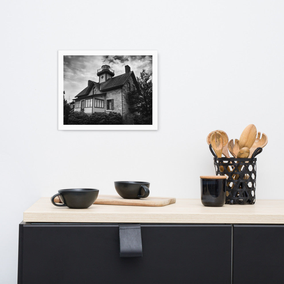 Cedar Point Lighthouse in Black and White Framed Photo Paper Wall Art Prints, White, 11" X 14"