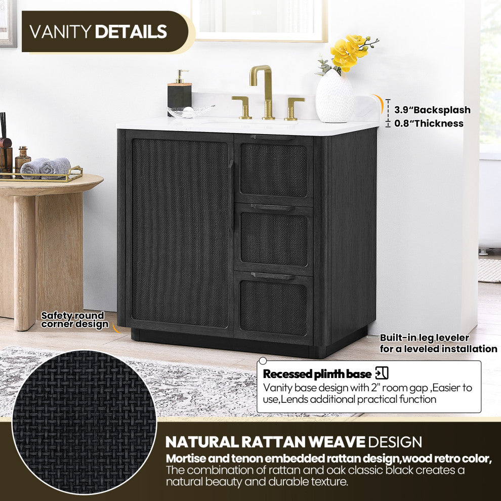 Busan Bath Vanity, Quartz Top No Mirror, Oak Classic Black, 36", Single Vanity
