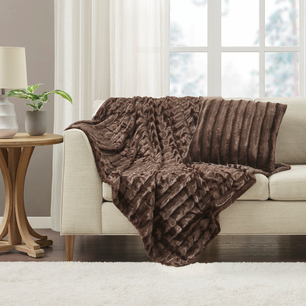 Madison Park Solid Stripe Plaited Brushed Long Fur Knitted Throw, Brown