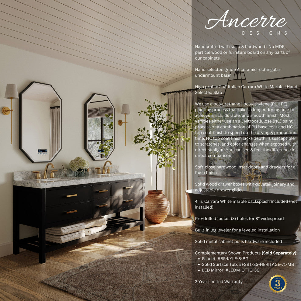 Arcadia Bath Vanity, Black Onyx, 72", Gold Hardware, Double, Freestanding