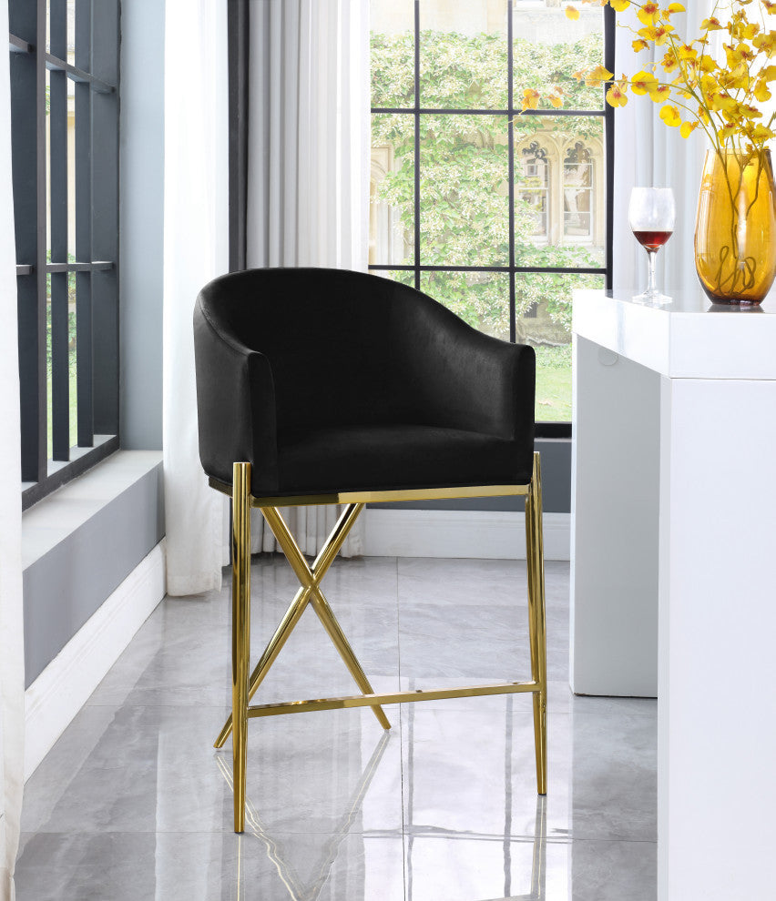 Xavier Velvet Upholstered Counter Height Stool, Black, Gold Finish