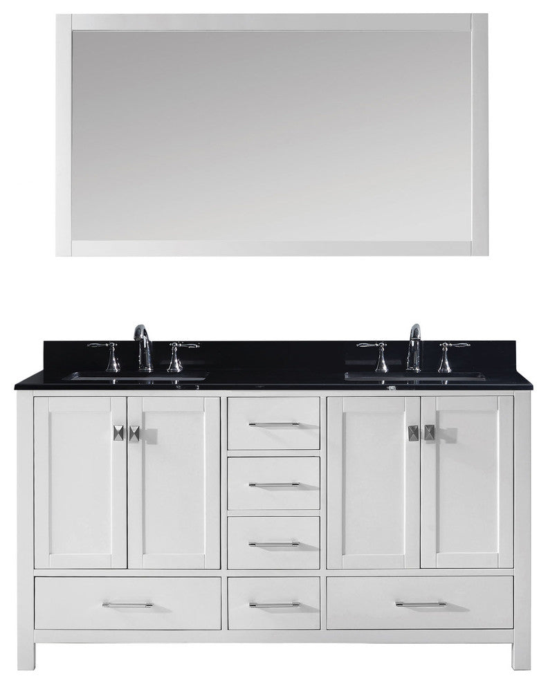 Virtu Caroline Avenue 60" Double Bathroom Vanity, White, Faucet and Mirror