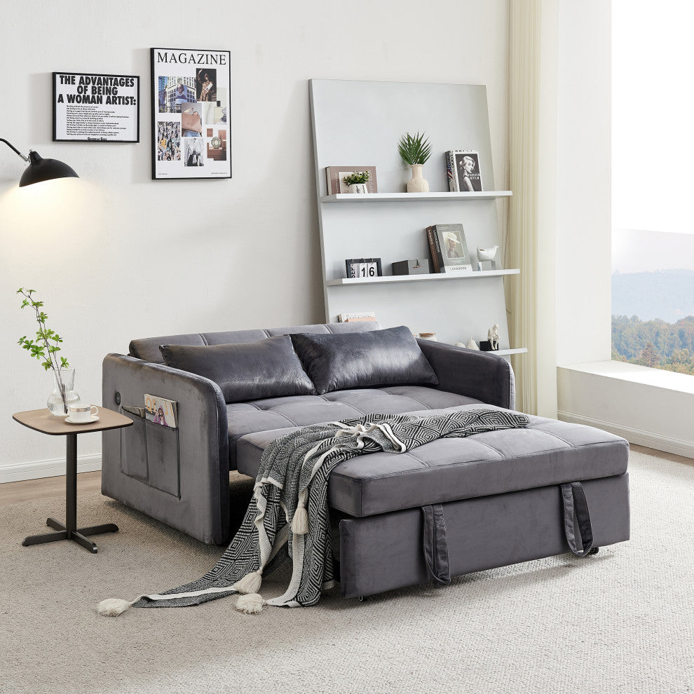 TATEUS 55.5" Twins Pull Out Sofa Bed Velvet for Small Room Grey