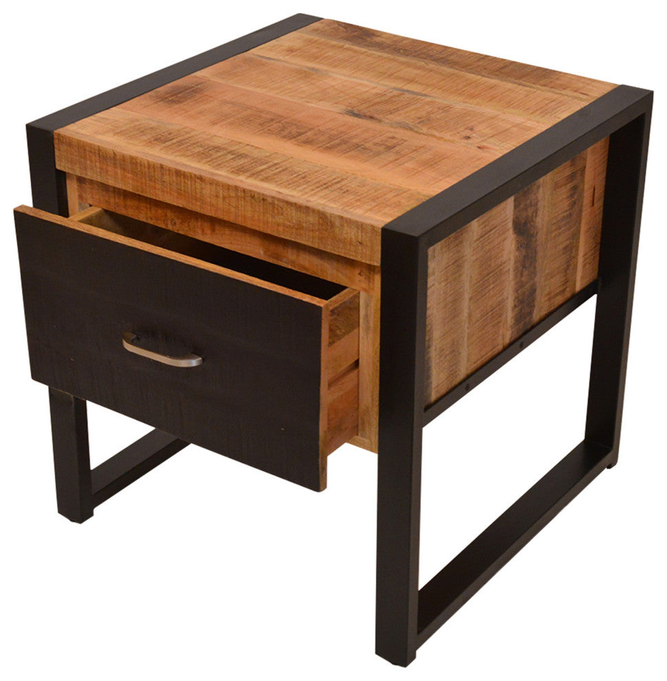 Benzara UPT-242953 Drawer Mango Wood Bedside Table, Iron Base, Brown, Black