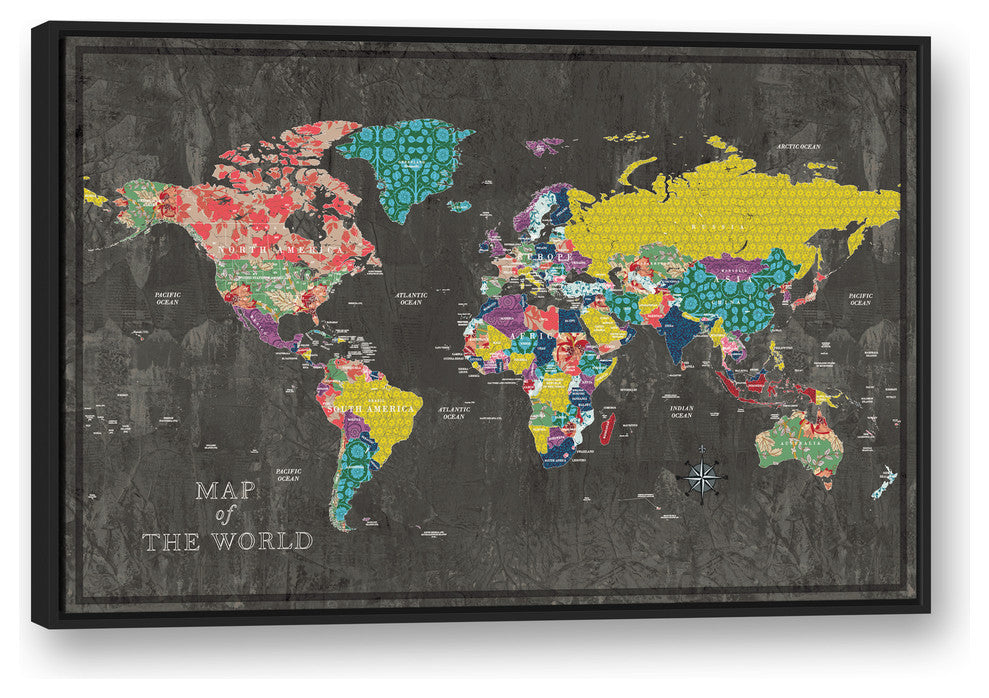 Colorful World Map Canvas Wall Art, 32"x48", Framed