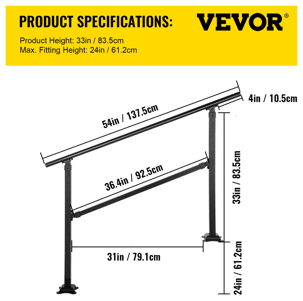 VEVOR Outdoor Stair Railing Transitional Wrought Iron Handrail, 24 Inch, 3 Steps