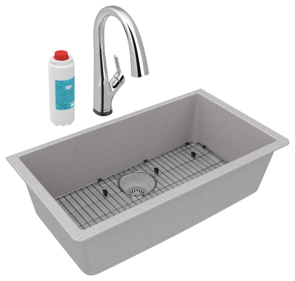 Quartz Classic 33" Single Bowl Undermount Sink Kit With Filtered Faucet, Greysto