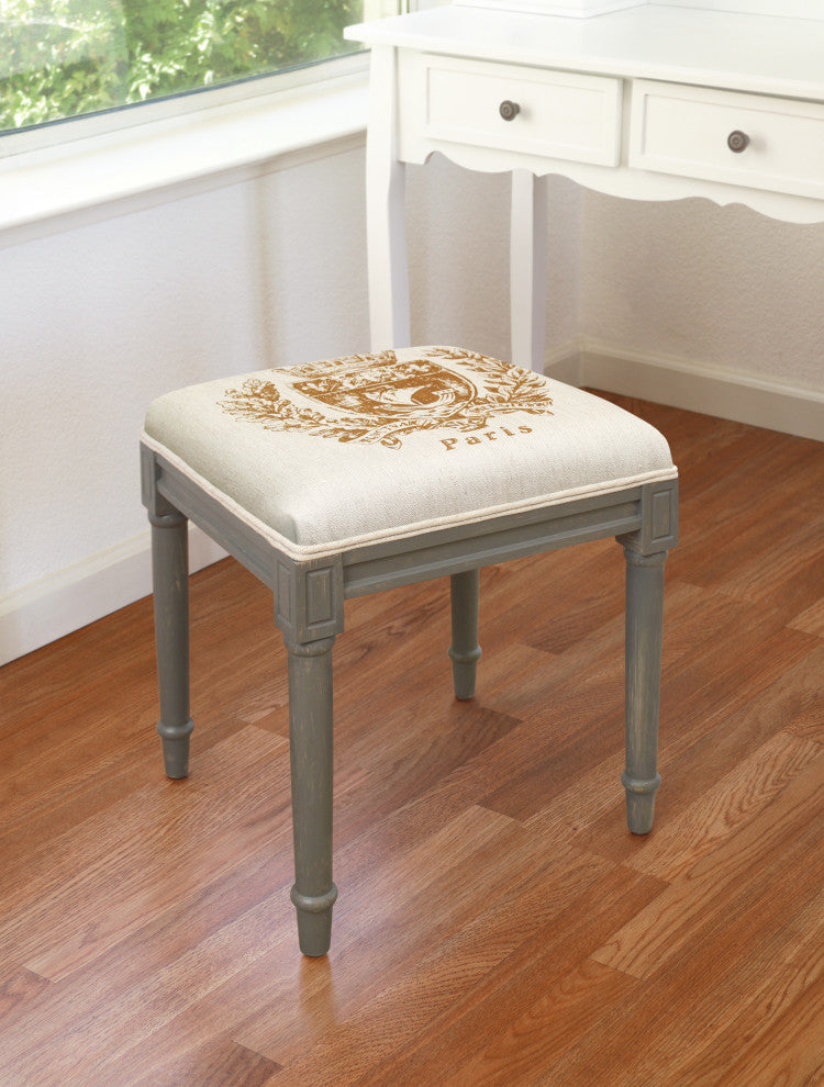 Paris Crest-Caramel, Linen Upholstered Vanity Stool