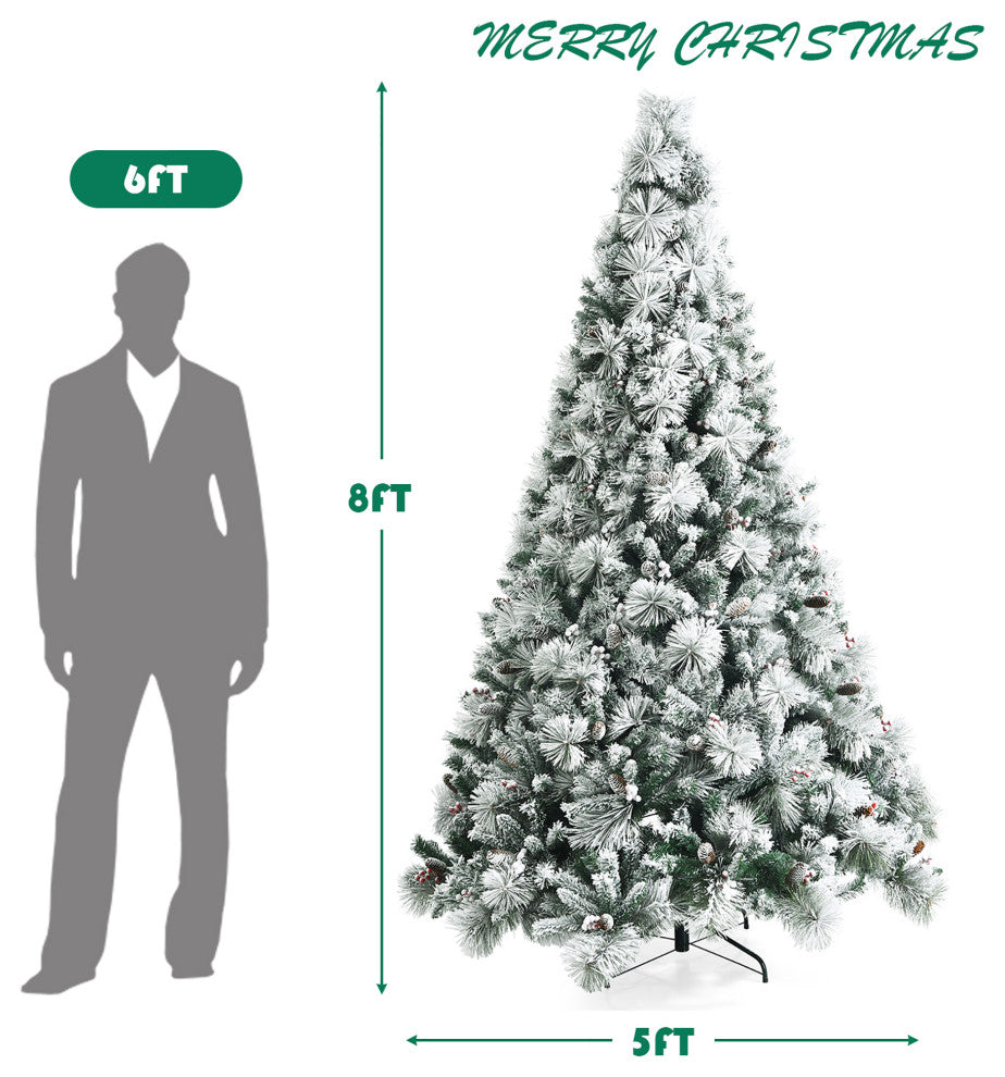 Costway 8ft Snow Flocked Christmas Tree Glitter Tips w/ Pine Cone & Red Berries