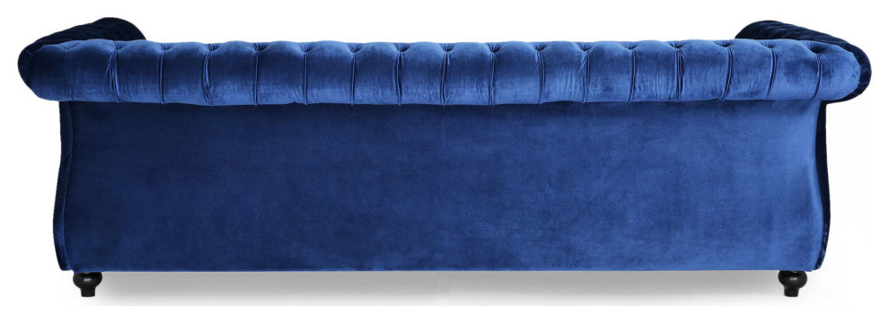 GDF Studio Vita Chesterfield Tufted Jewel Toned Velvet Sofa With Scroll Arms, Navy Blue