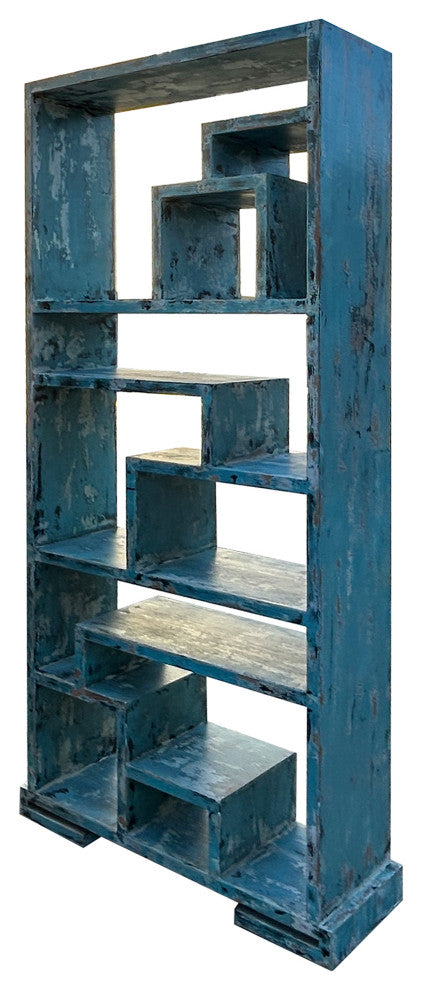 84" Distressed Blue Uneven Shelves Slim Display Cabinet Room Divider Hws4325