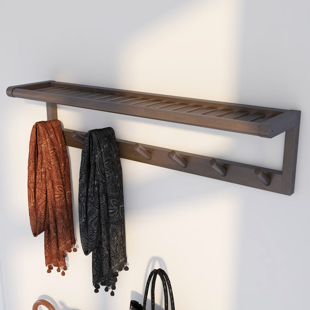 Abingdon Solid Birch Wood Large Peg Rack With Shelf, Espresso