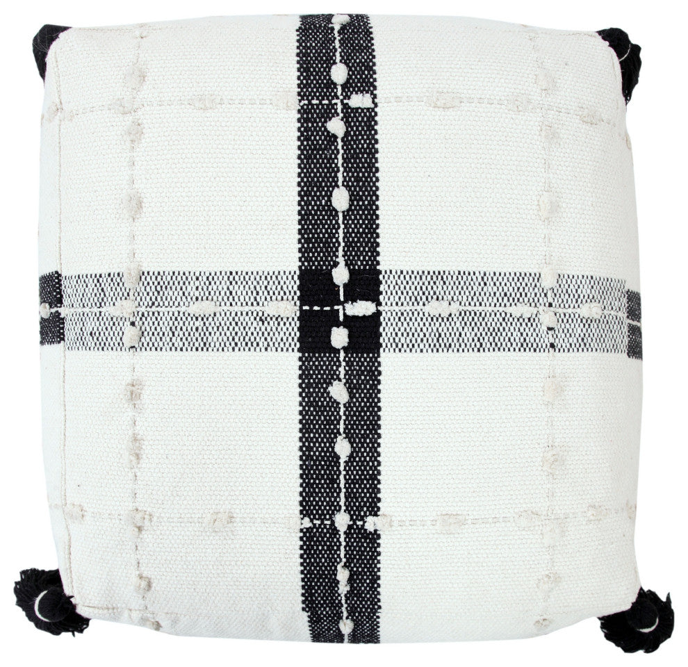 Black and Ivory Modern Textured Plaid Pouf Ottoman