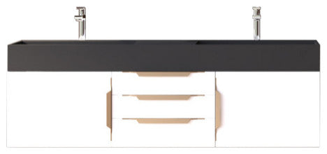 CastelloUSA Amazon 60" Wall Mounted Bathroom Vanity Set, White, Black Top, Gold Handles
