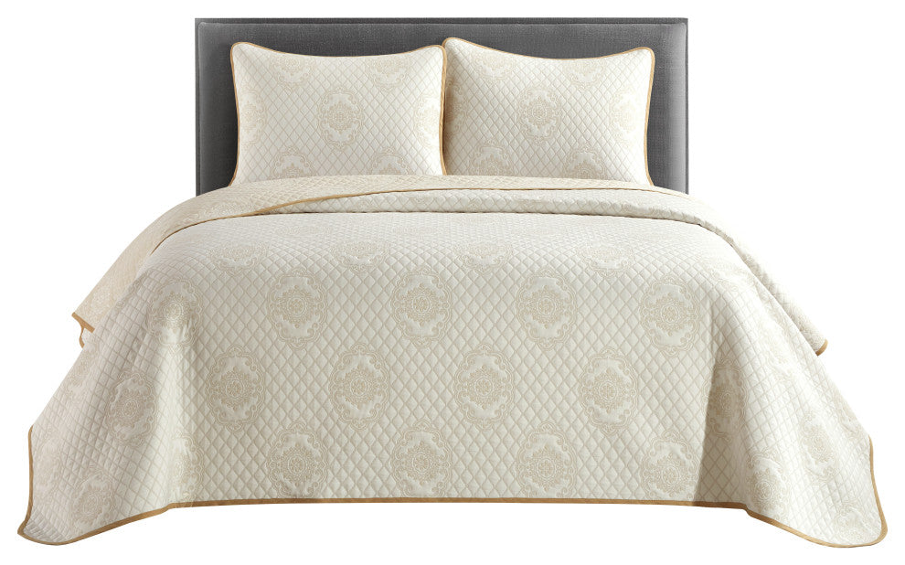 Valentine 3 Piece Quilt Set, Ivory, Queen