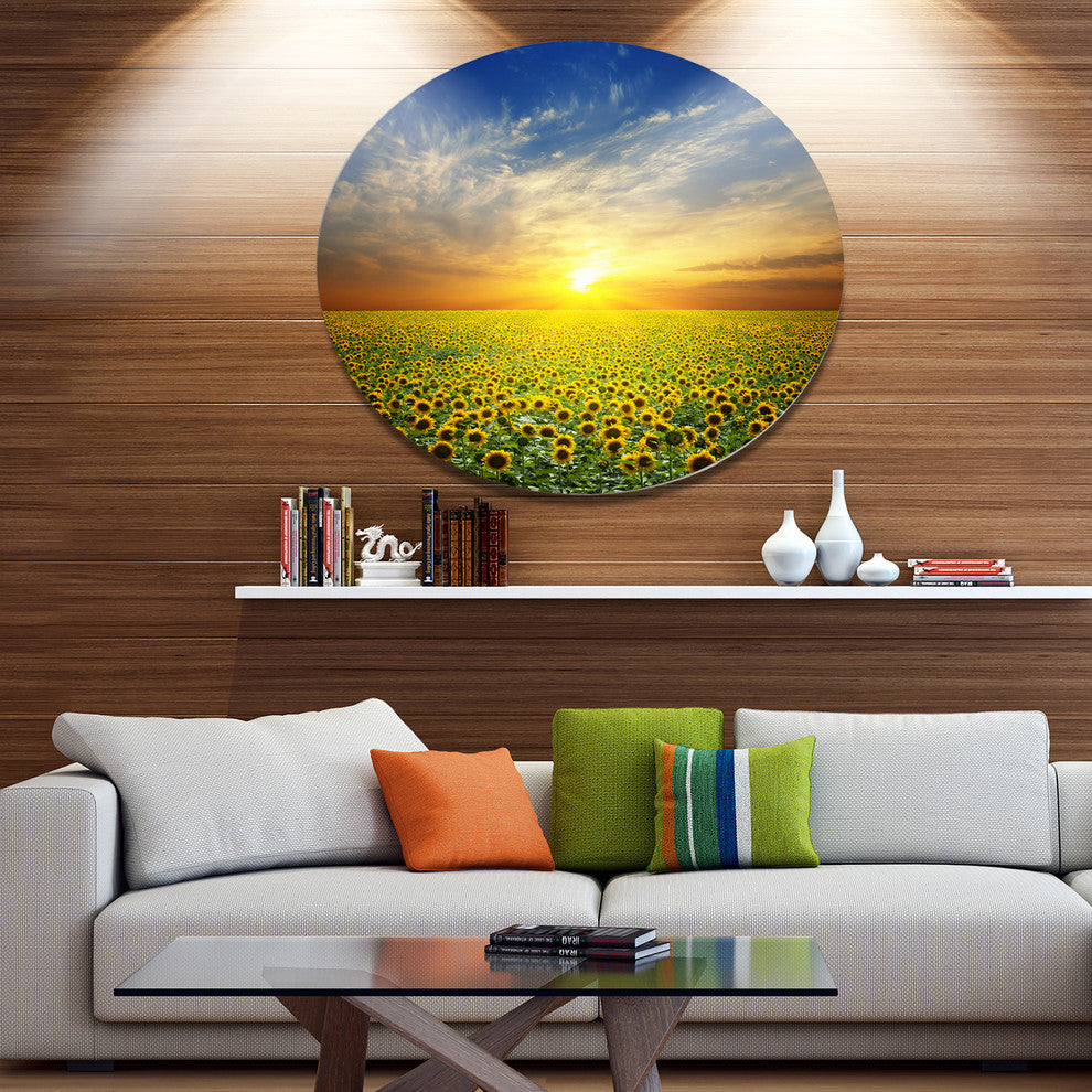 Beauty Sunset Over Sunflowers Field, Floral Round Wall Art, 23"