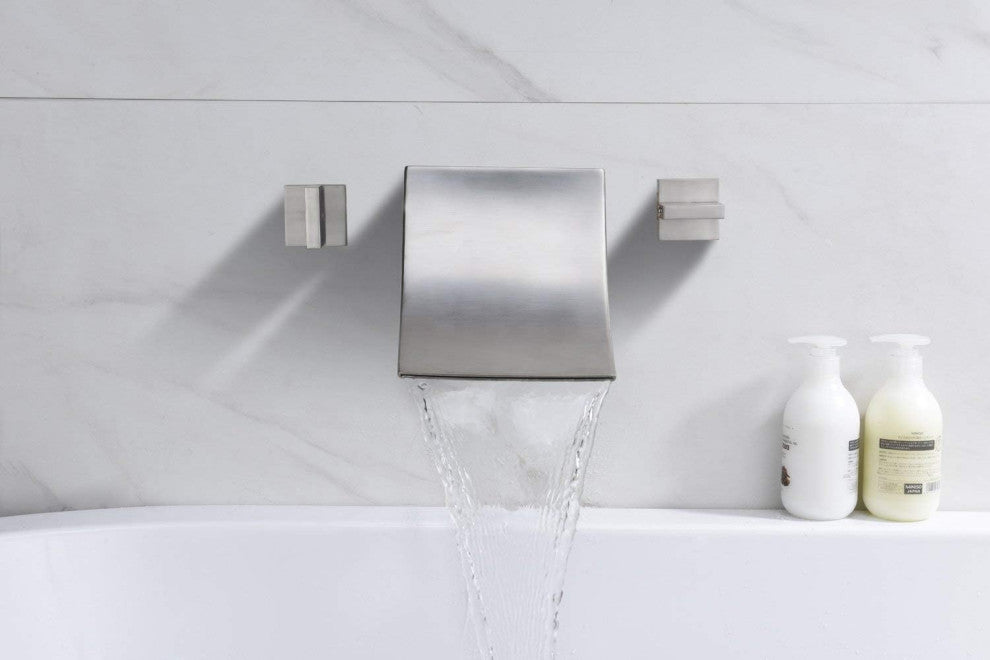 Brushed Nickel Wall Tub Filler with High Flow Waterfall Design and Two Handles, Brushed Nickel