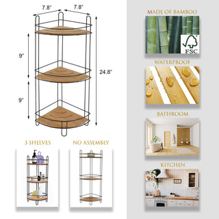 Corner Bathroom Organizer Storage Tower 3 Shelves Bamboo Metal, Bamboo/Black