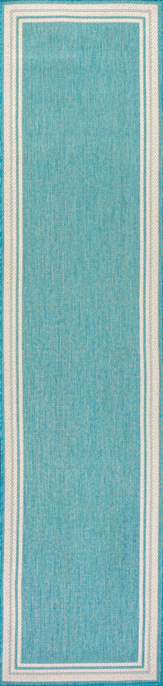 James Modern Border Stripe Indoor/Outdoor Area Rug, Aqua/Beige, 2x8