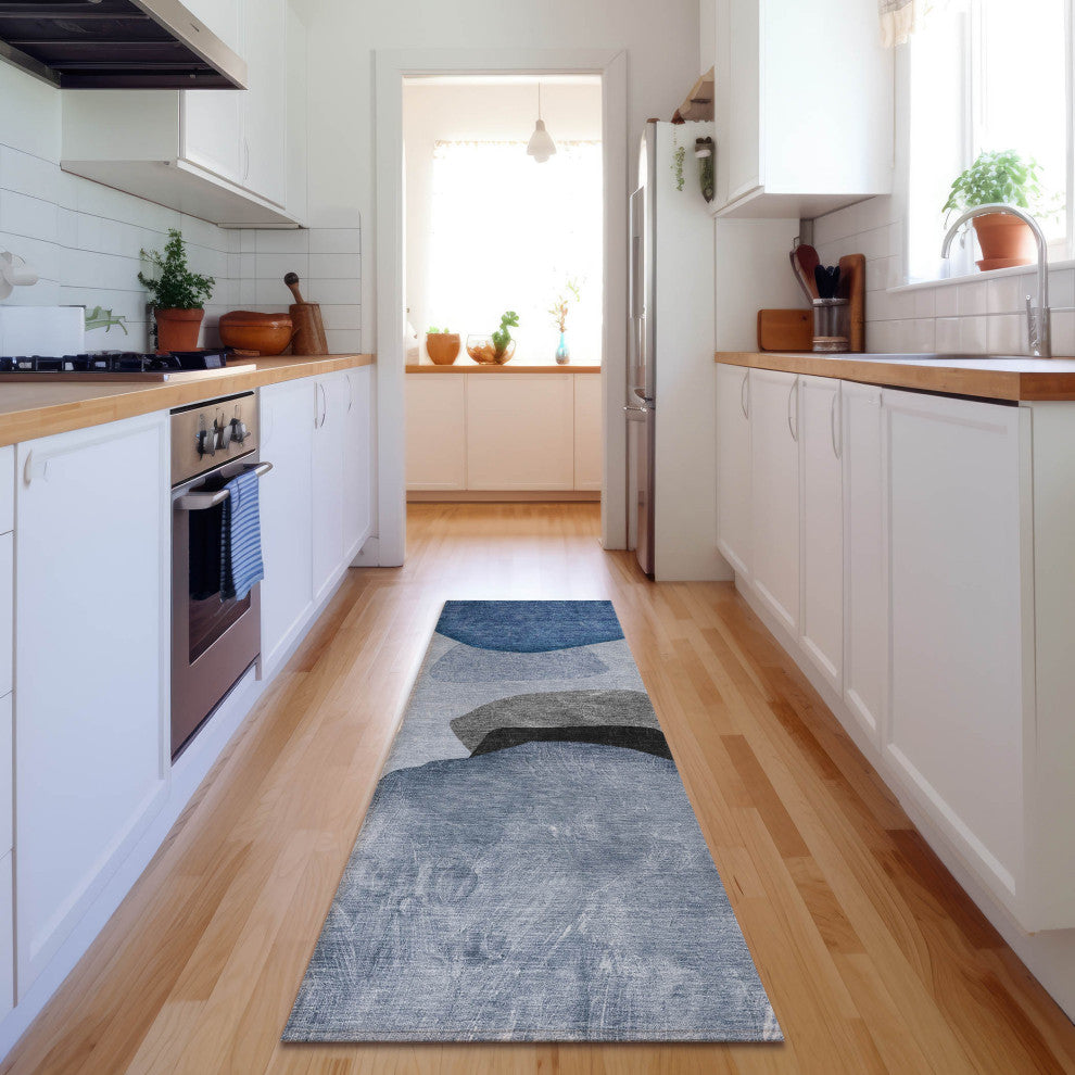 Premium Machine Washable Mayfield AMF547 Blue 2'3" x 7'6" Runner Rug
