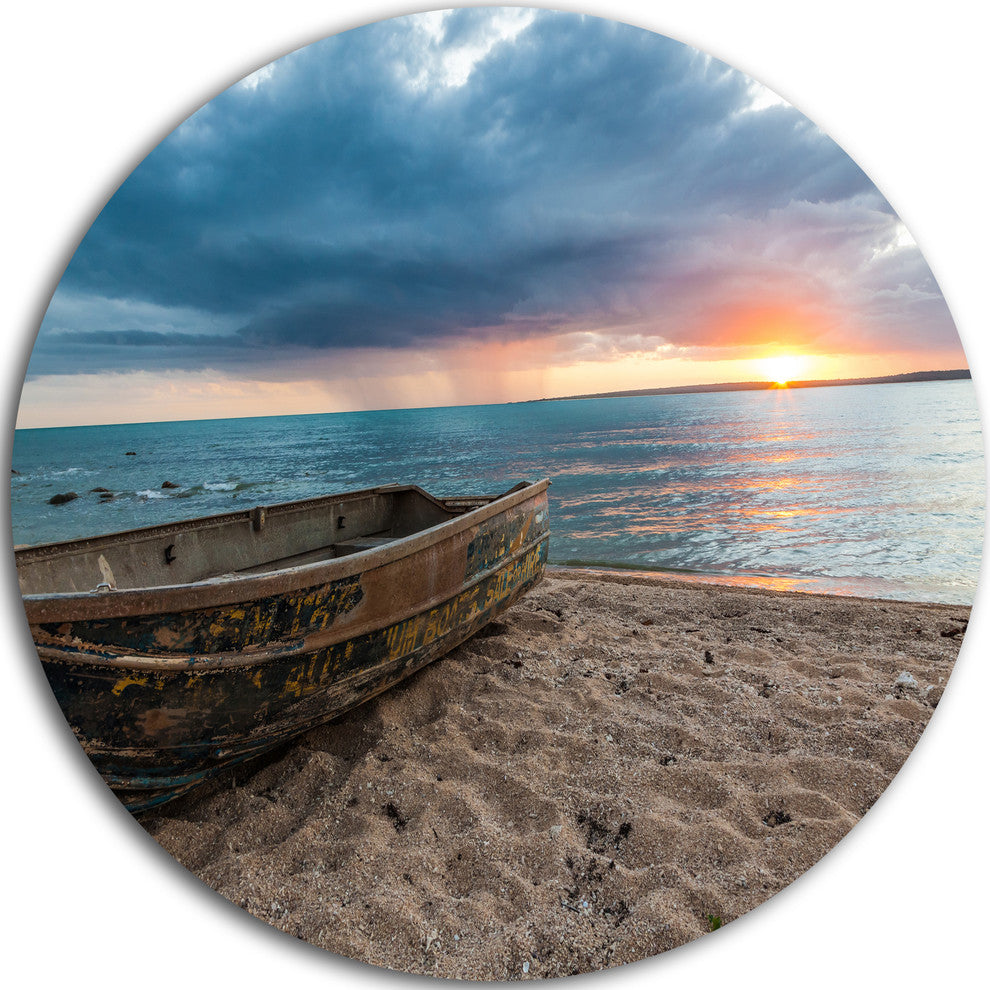 Rusty Row Boat On Sand At Sunset, Seascape Disc Metal Wall Art, 23"