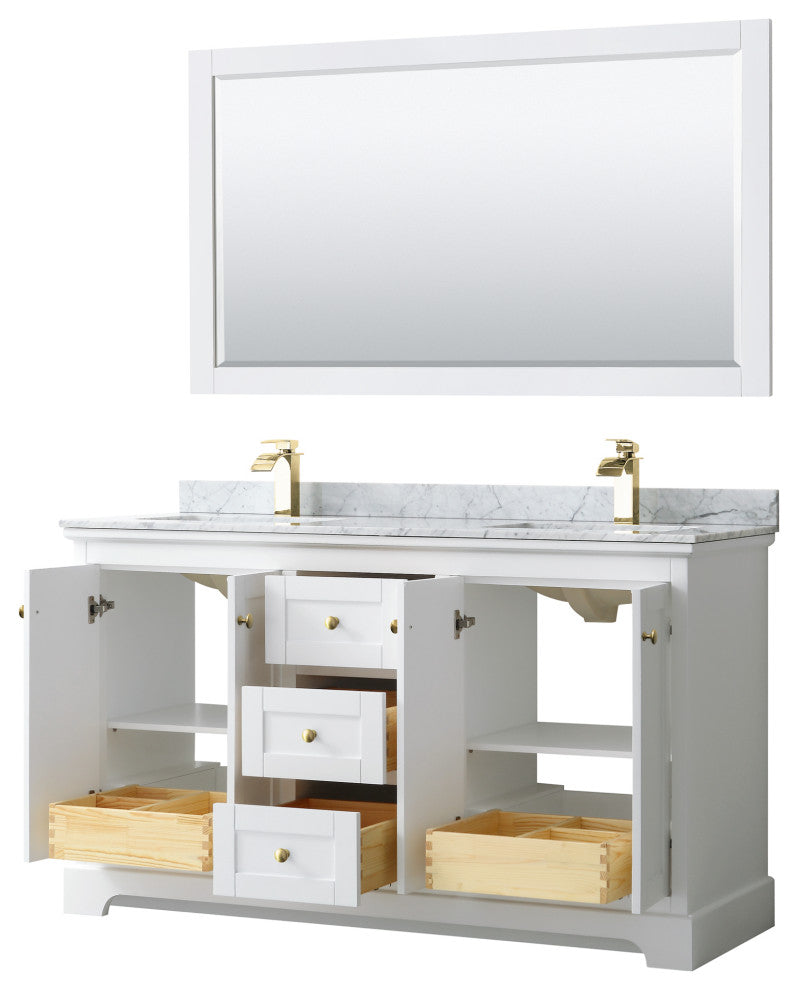 60"DBL Bath Vanity White, Carrara Countertop, Sinks, 58" Mirror, Gold Trim