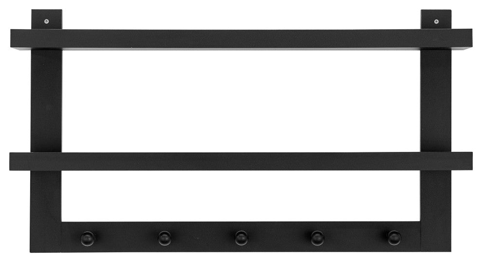 Danya B 2-Tier Ledge Wall Shelf Organizer with Five Hanging Coat or Towel Hooks, Black