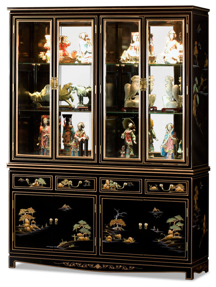 60in Black Lacquer Chinoiserie Oriental China Cabinet