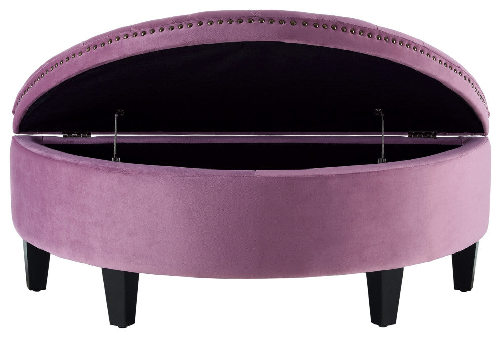Laura Velvet Gold Nailhead Trim Half Moon Storage Ottoman, Mauve
