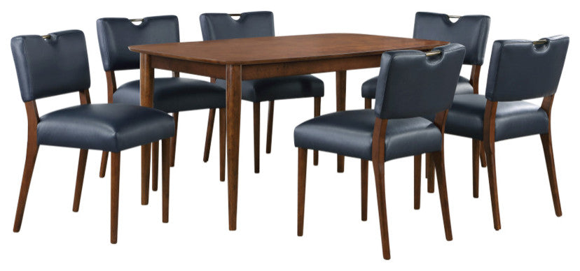 Bonito Faux Leather Dining Set, Walnut Finish, Midnight Blue, 7-Piece Set