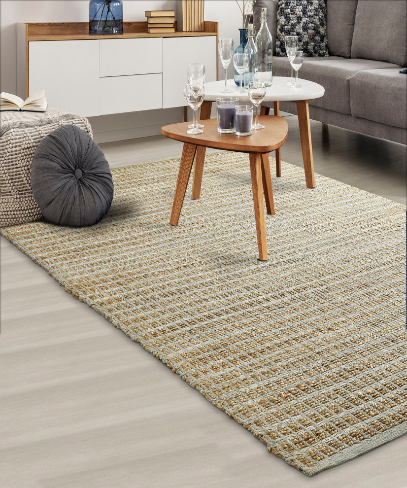 Gray Modern Grid Organic Jute Area Rug, 9'x12'