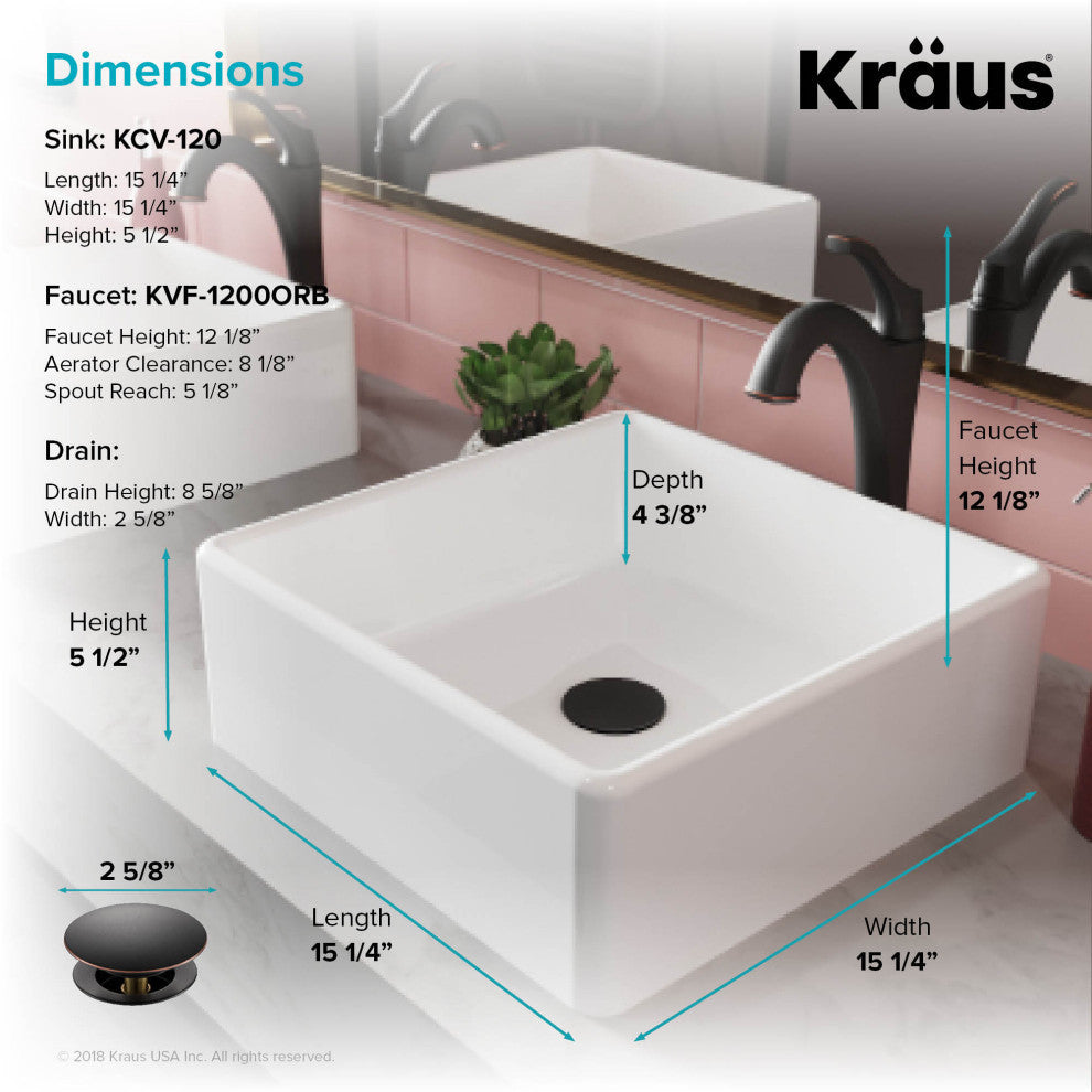Elavo Square Ceramic Vessel Sink, Bathroom Arlo Faucet, Drain, Oil Rubbed Bronze