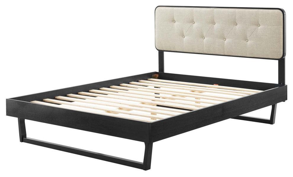 Platform Bed Frame, Queen Size, Fabric, Wood, Black Beige, Modern Mid-Century
