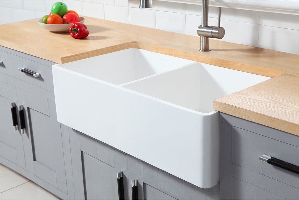 Gourmetier Double Bowl Farmhouse Kitchen Sink, Matte White