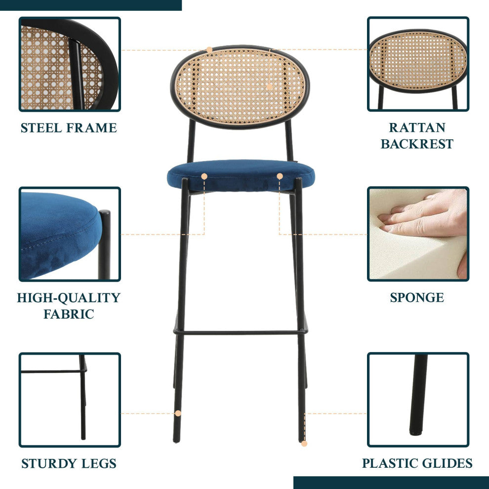 LeisureMod Euston Wicker Bar Stool With Black Steel Frame Set of 2, Navy Blue