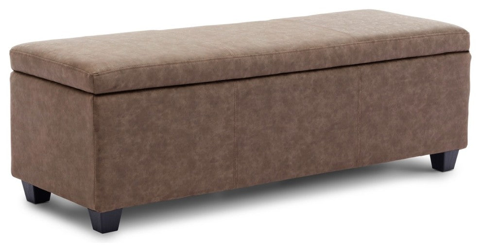 48" Elegant Leather/Linen Rectangular Storage Ottoman, Rustic Brown