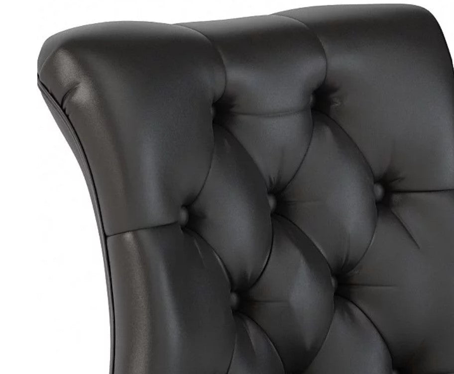 Swivel Office Chair, Armless Seat & Button Tufted Back, Black Pu Leather