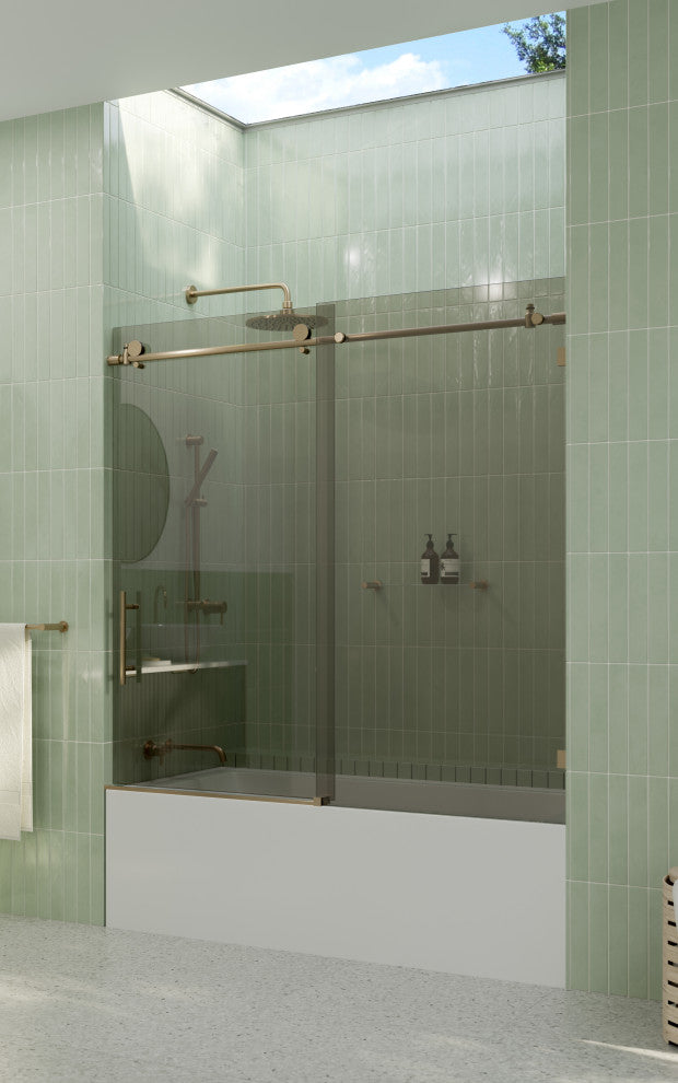 Equinox 60"x60" Frameless Glass Bath Slider, Gray Tint, Brushed Bronze
