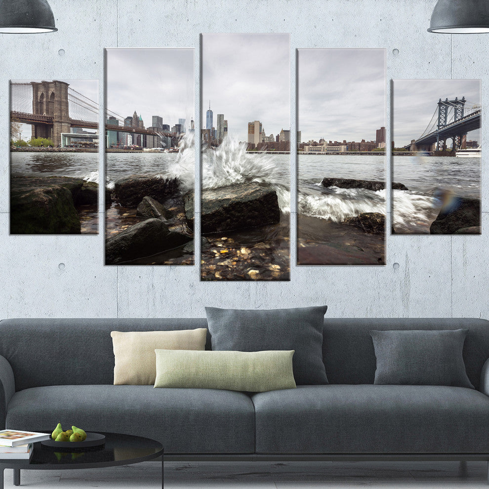 Skyline with Brooklyn Manhattan Bridges, Cityscape Canvas Art, 60"x32", 5 Panels