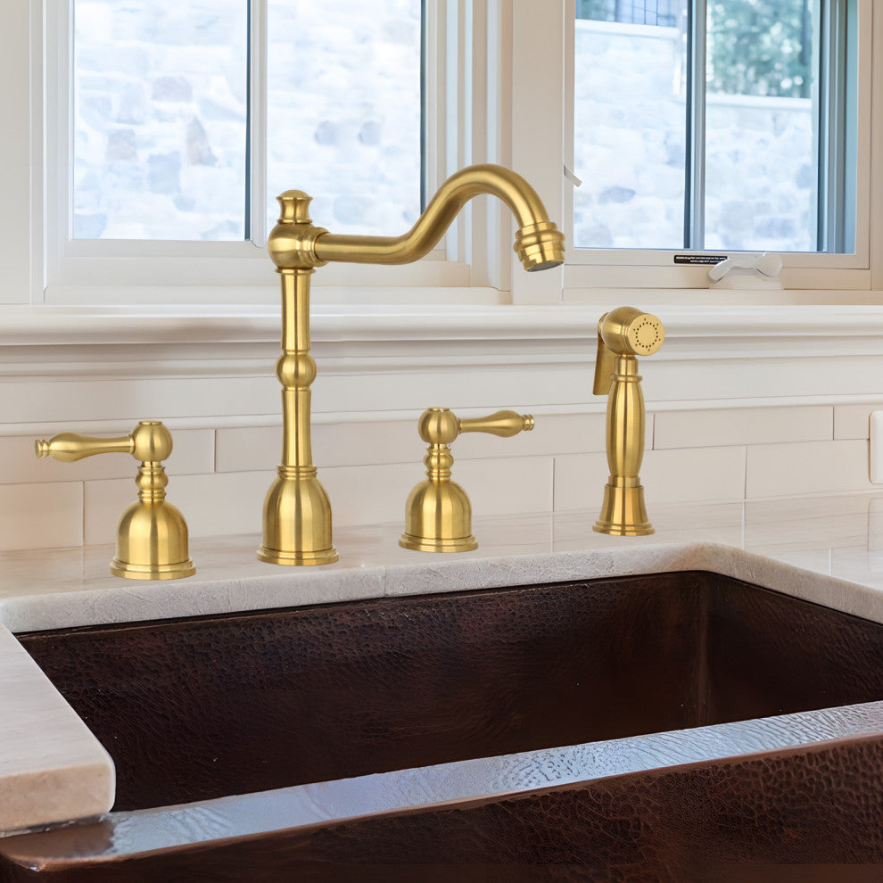 Two-Handles Copper Widespread Kitchen Faucet with Side Sprayer, Brushed Gold