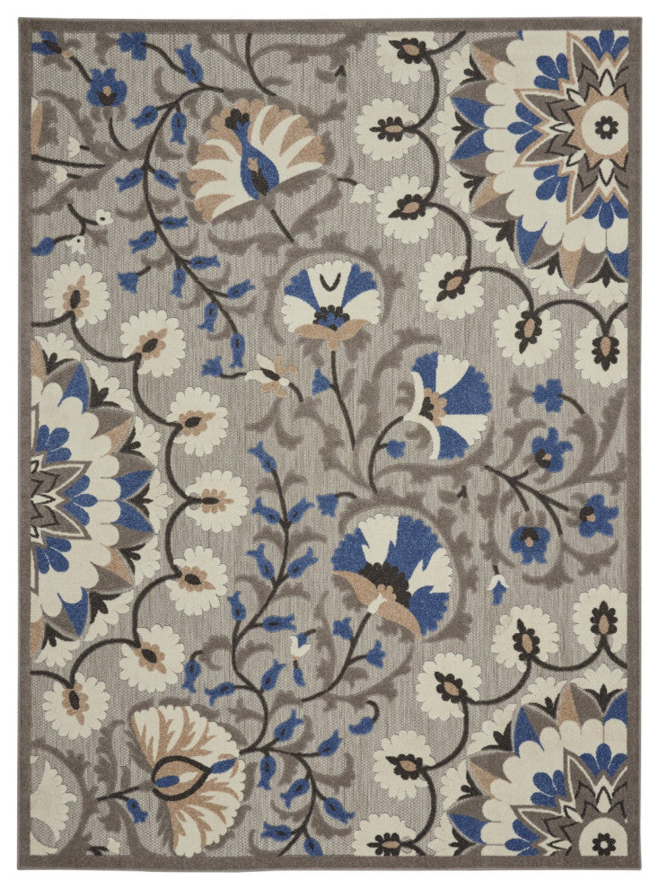 8' X 11' Blue And Gray Floral Indoor Outdoor Area Rug
