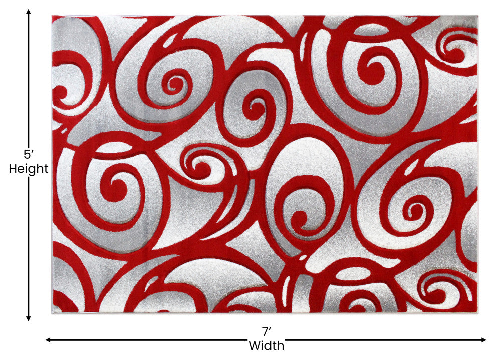 Angie Collection Modern Rectangle 5' x 7' High-Low Pile Swirled Area Rug, Red